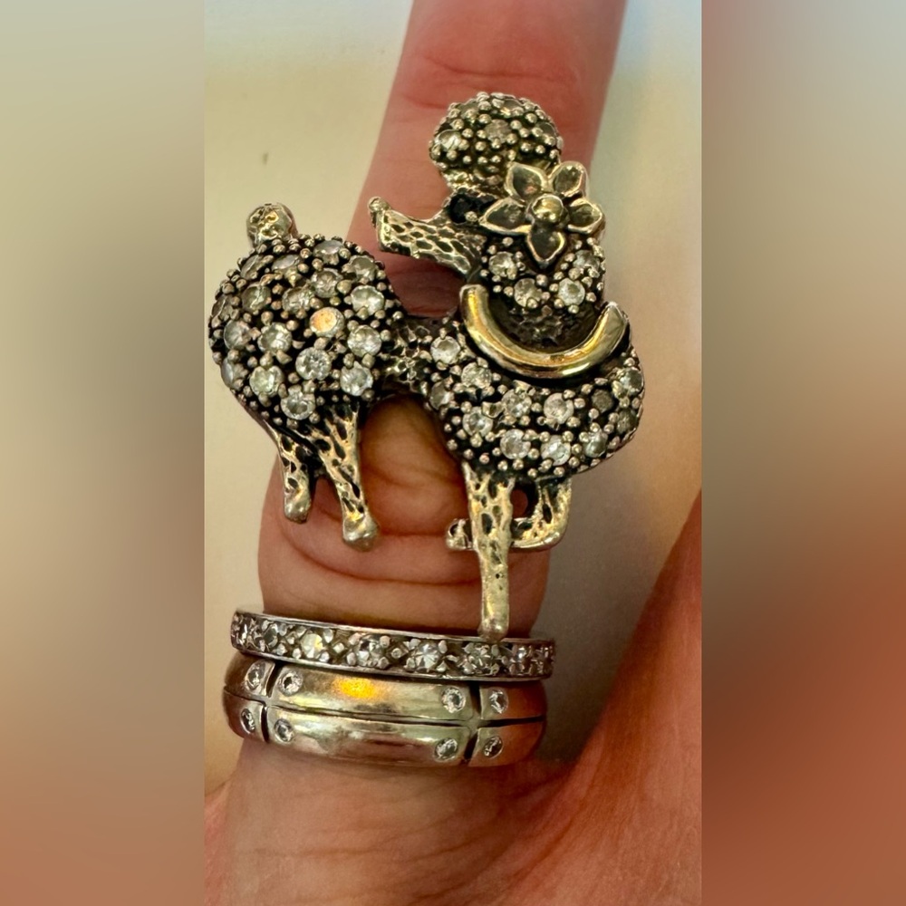 Sterling silver, gold vermeil Zircon encrusted Poodle Statement Ring vintage 90s